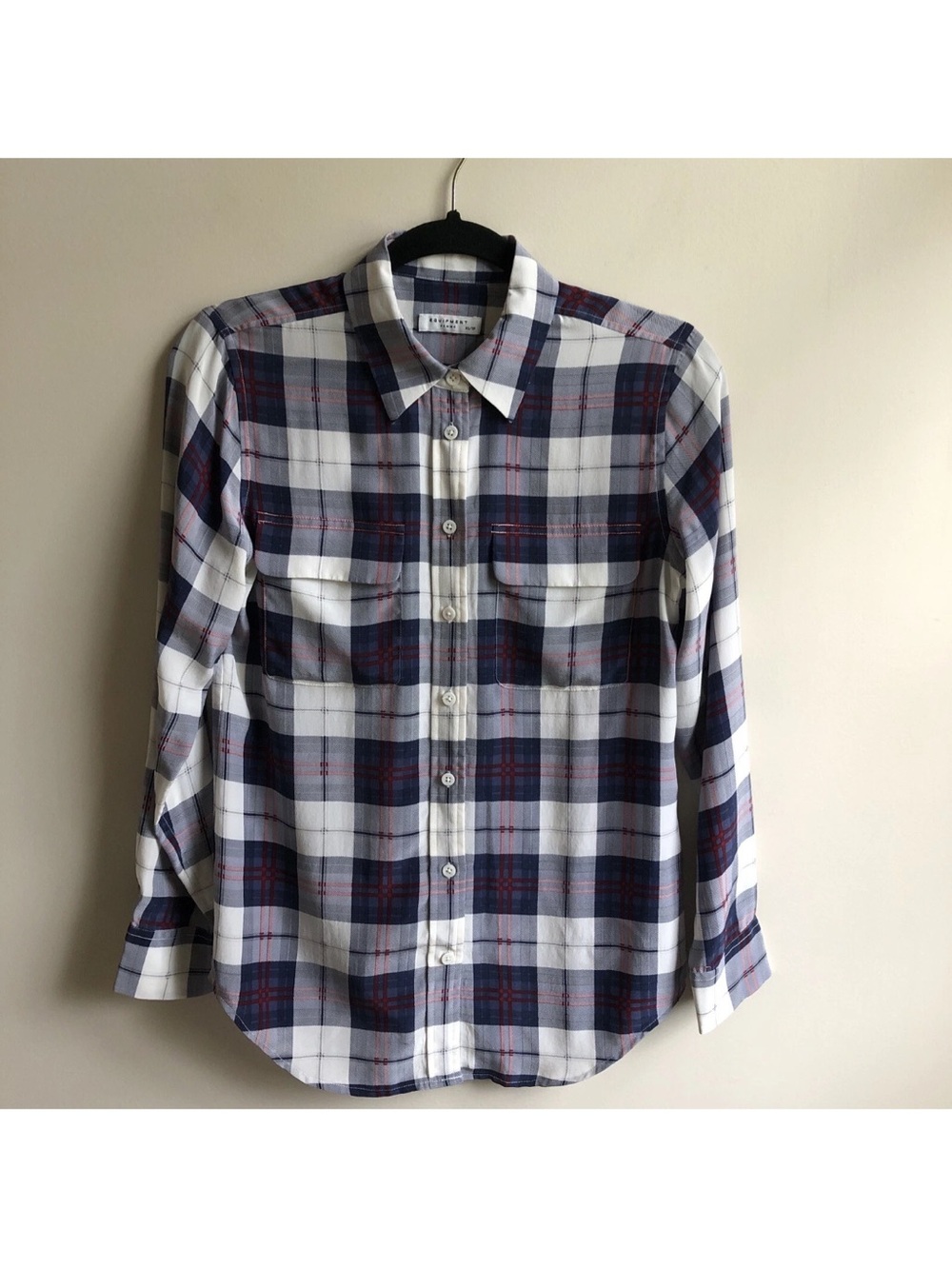 Equipment Silk White Blue Red Geometric Print Long Sleeve Shirt Double Pocket XS